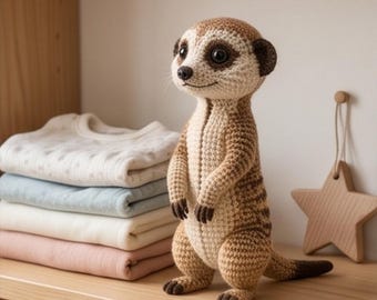 May include: A crocheted meerkat figurine featuring a light tan and brown color palette with dark brown accents on the ears, paws, and tail tip. The stuffed animal has large black eyes and a stitched nose, standing upright on a flat surface.