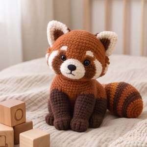 Puede incluir: Un peluche de panda rojo tejido a ganchillo con cuerpo color naranja óxido, extremidades marrón oscuro y una cola a rayas. La cara tiene marcas blancas alrededor de los ojos y el hocico, con ojos de plástico negro y nariz bordada.