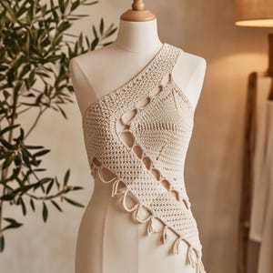 May include: An off-white, one-shoulder crochet top featuring a diagonal cutout design with circular openwork detailing. The garment is crafted with a textured stitch pattern and finished with small, dangling fringe accents along the lower edge.