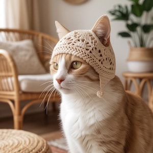 May include: A cream-colored crocheted bonnet for a cat, featuring an intricate openwork lace pattern, ear cutouts, and small dangling pom-poms on the sides. The bonnet is worn by an orange and white tabby cat with light-colored eyes.