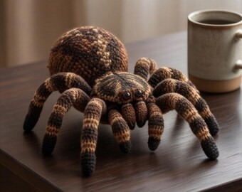 May include: A crocheted spider plush toy featuring a round abdomen and eight legs, crafted with variegated yarn in shades of dark brown, tan, and black. The spider has two small, dark, round eyes and a textured, stitched surface throughout its body.