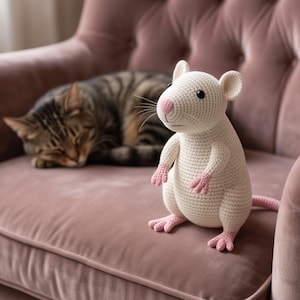 Könnte beinhalten: Ein cremefarbenes gehäkeltes Rattenspielzeug mit rosa Nase, rosa Händen und rosa Füßen. Das Stofftier hat kleine schwarze Augen, abgerundete Ohren und einen langen Schwanz, steht aufrecht und weist eine strukturierte Garnoberfläche mit sichtbaren Maschen auf.