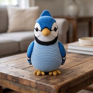 May include: A handcrafted crochet blue jay bird plush toy featuring a bright blue head and wings, a light blue rounded body, a white face, a yellow beak, and yellow feet. The bird has black button eyes and a black collar detail around its neck.