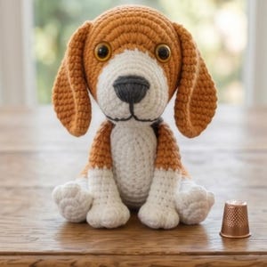 May include: A crocheted beagle dog with brown and white yarn. The dog has large, floppy ears, a white muzzle, and a black nose. The dog is sitting on a wooden table. A copper thimble sits next to the dog.