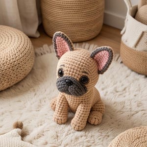Op de afbeelding: Een gehaakte Franse bulldog knuffel met een beige lichaam, een donkergrijze snuit en grote rechtopstaande oren met roze details aan de binnenkant. Het speelgoed heeft zwarte plastic ogen en een zichtbaar patroon van haaksteken.