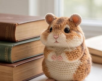 May include: A small, round, crocheted hamster figurine featuring a mix of brown and cream-colored yarn. The hamster has black plastic eyes, a small pink stitched nose, and tiny pink yarn feet. It is crafted with a dense, textured stitch pattern.