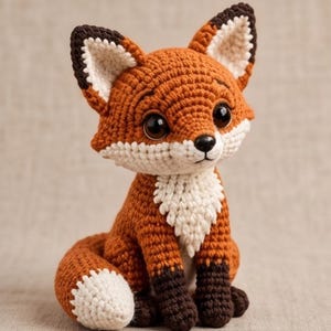 K&ouml;nnte beinhalten: Ein kleines, handgefertigtes H&auml;kel-Fuchs-Spielzeug mit einem leuchtend orangefarbenen K&ouml;rper, einer wei&szlig;en Brust und einer wei&szlig; gespitzten Schwanzspitze. Der Fuchs hat dunkelbraune Ohren, dunkelbraune Pfoten und gro&szlig;e, runde, gl&auml;nzende schwarze Augen.