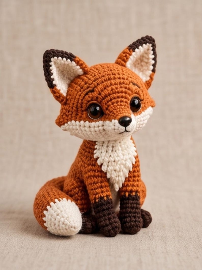 K&ouml;nnte beinhalten: Ein kleines, handgefertigtes H&auml;kel-Fuchs-Spielzeug mit einem leuchtend orangefarbenen K&ouml;rper, einer wei&szlig;en Brust und einer wei&szlig; gespitzten Schwanzspitze. Der Fuchs hat dunkelbraune Ohren, dunkelbraune Pfoten und gro&szlig;e, runde, gl&auml;nzende schwarze Augen.