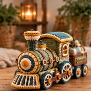 May include: A handcrafted crochet toy train featuring a locomotive and a trailing cargo car. The train is designed in shades of sage green, dark teal, mustard yellow, and cream, with small brown buttons used as decorative accents on the wheels and body.