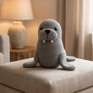 May include: A gray crocheted walrus plush toy featuring a rounded body, two white tusks, a black stitched nose, and dark circular eyes. The surface of the toy displays a consistent yarn texture with visible stitches throughout the entire form.