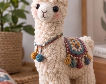 May include: A cream-colored crochet llama plush toy with a textured, curly yarn body. It features dark eyes, pink cheeks, and brown hooves. The llama wears a colorful neck collar with two pom-poms and a patterned saddle blanket with hanging tassels.