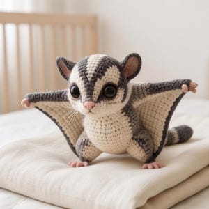 May include: A crocheted sugar glider plush toy featuring a cream-colored belly and face with dark gray markings on the back and head. It has large black eyes, a small pink nose, and extended side membranes, with a striped tail visible behind it.
