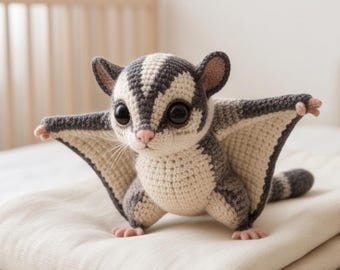 May include: A crocheted sugar glider plush toy featuring a cream-colored belly and face with dark gray markings on the back and head. It has large black eyes, a small pink nose, and extended side membranes, with a striped tail visible behind it.