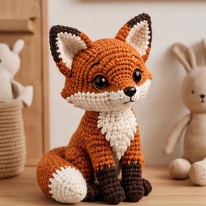K&ouml;nnte beinhalten: Ein geh&auml;kelter Fuchs mit einem leuchtend orangefarbenen K&ouml;rper, einer wei&szlig;en Brust und Schwanzspitze sowie dunkelbraunen Pfoten und Ohrspitzen. Der Fuchs hat gro&szlig;e, dunkle, gl&auml;nzende Augen und eine kleine schwarze Nase.