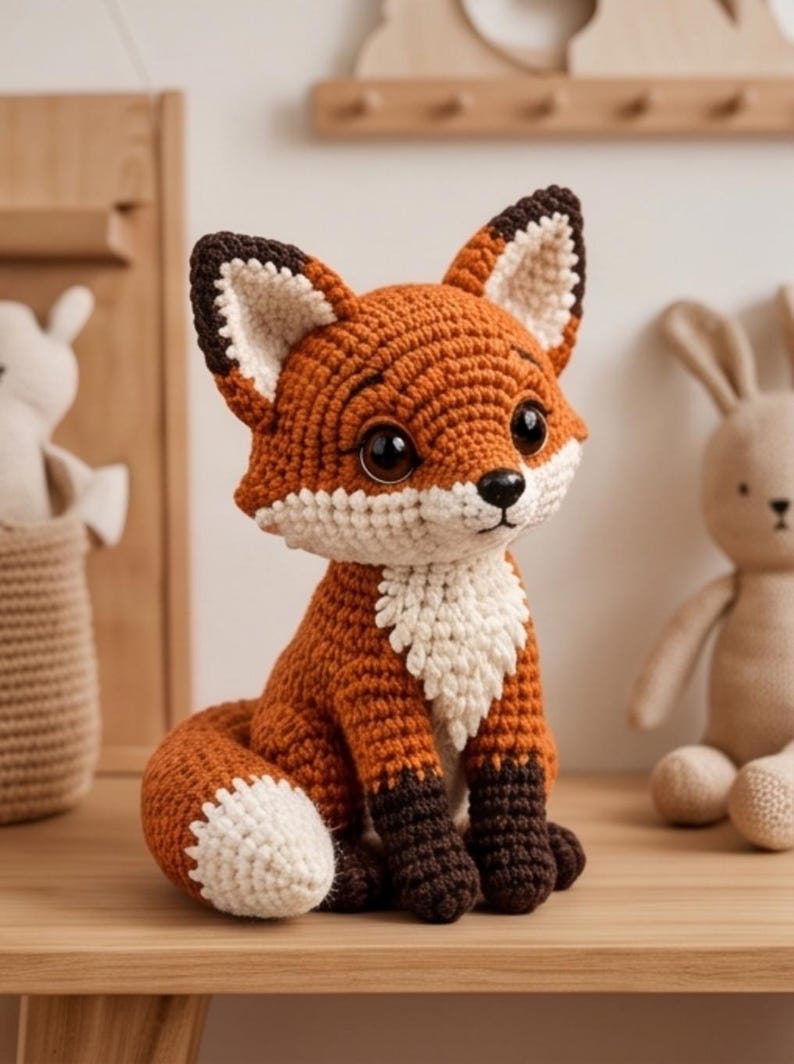 K&ouml;nnte beinhalten: Ein geh&auml;kelter Fuchs mit einem leuchtend orangefarbenen K&ouml;rper, einer wei&szlig;en Brust und Schwanzspitze sowie dunkelbraunen Pfoten und Ohrspitzen. Der Fuchs hat gro&szlig;e, dunkle, gl&auml;nzende Augen und eine kleine schwarze Nase.
