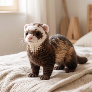 Peut inclure: Un jouet furet crocheté à la main présentant un motif de couleur réaliste avec une fourrure brun foncé sur le corps et les membres, un masque facial blanc et un nez rose. La figurine a des yeux cousus détaillés, des moustaches et une texture en laine.