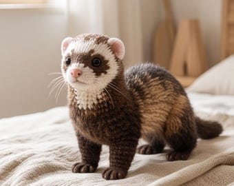 May include: A handcrafted crochet ferret toy featuring a realistic color pattern with dark brown fur on the body and limbs, a white face mask, and a pink nose. The small animal figure has detailed stitched eyes, visible whiskers, and a textured yarn finish.