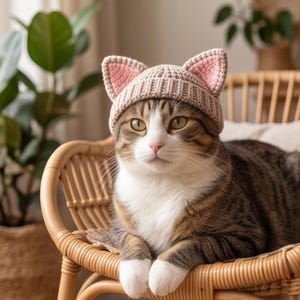May include: A beige crocheted beanie with two pointed cat ears featuring light pink inner sections. The hat is worn by a brown and white tabby cat with green eyes, sitting upright. The beanie has a ribbed texture and a snug fit around the head.