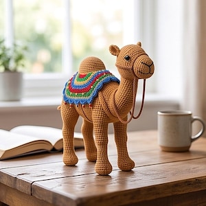 May include: A tan crocheted camel figurine featuring a saddle blanket with concentric layers of blue, green, red, and yellow yarn. The camel has dark brown eyes, a stitched mouth, and a thin cord bridle that hangs down from its head.