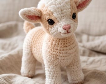 May include: A crochet stuffed animal shaped like a small lamb. The toy features a cream and light tan yarn body with a white patch on the head. It has large black plastic eyes, a small pink stitched nose, and pink inner ears. The texture is visible.