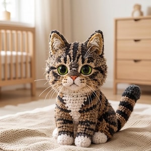 Könnte beinhalten: Ein gehäkeltes Stofftier in Form einer Katze mit braun-schwarzem Tabby-Muster, weißer Brust und weißen Pfoten. Die Katze hat große grüne Augen, eine kleine rosa Nase und lange weiße Schnurrhaare und sitzt aufrecht mit einem gestreiften Schwanz.