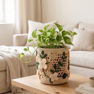 Può includere: Un coprivaso cilindrico all'uncinetto in tonalità beige chiaro, caratterizzato da un motivo a rete traforato decorato con foglie verde scuro e fiori color crema a quattro petali applicati. Una pianta pothos variegata è inserita all'interno.