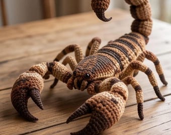 May include: A crocheted scorpion toy crafted with yarn in shades of brown, tan, and dark chocolate. The figure features a segmented tail curved upward, two large pincers, and eight legs, all worked in a dense, textured stitch pattern.