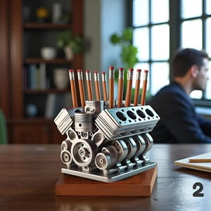 Può includere: Un organizer da scrivania color argento a forma di blocco motore, contenente diverse matite. Le matite sono in legno con gomme rosse. L'organizer poggia su una piccola base rettangolare in legno. Lo sfondo comprende una scrivania in legno e un ambiente ufficio sfocato.