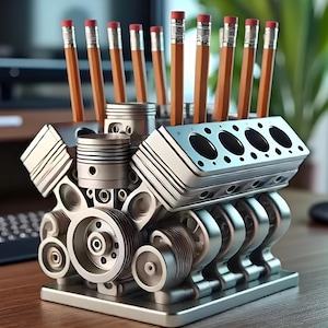 Könnte beinhalten: Ein silberfarbener Schreibtisch-Organizer in Form eines Motorblocks, der mehrere Bleistifte hält. Die Bleistifte sind braun mit roten Radiergummis. Der Organizer hat detaillierte mechanische Merkmale.