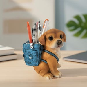 Puede incluir: Un portalápices con forma de cachorro marrón y blanco con una mochila azul. La mochila contiene varios bolígrafos y rotuladores. El cachorro tiene ojos grandes y oscuros y está sentado sobre una superficie de madera.