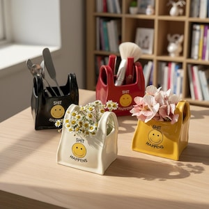 Funny 'Sh*t Happens' Pen Pot, Ceramic Bag Desk Organizer & Quirky Makeup Brush Holder, Sarcastic Office Gag Gift for Coworker or Friend