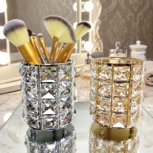 Crystal Makeup Brush Holder: Gold or Silver Glamour Vanity Organizer