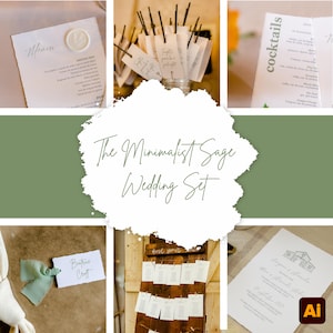 May include: A collection of minimalist wedding stationery in a sage green theme. Includes menus, place cards, cocktail menus, and seating charts. The text "The Minimalist Sage Wedding Set" is displayed in a handwritten font.