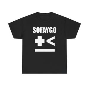 May include: A black short-sleeved t-shirt featuring the white text SOFAYGO printed at the top, followed by a white plus sign, a less-than symbol, and a horizontal line centered on the chest area of the garment fabric.
