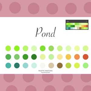 May include: A color palette titled "Pond" with a variety of green, yellow, and orange hues. The design features a series of color swatches arranged in rows, with a matching color palette displayed in the upper right corner. The background is white with a pink polka dot border.