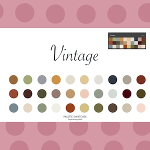 Puede incluir: Una paleta de colores con la palabra "Vintage" en escritura cursiva. Debajo, filas de muestras de color circulares en tonos marrones, verdes, grises y beige. Una paleta de colores más pequeña está en la esquina superior derecha. El texto "Palette Swatches PaperlessbyNells" está en la parte inferior.