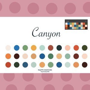 May include: A color palette titled "Canyon" with a variety of colors, including blue, green, orange, and brown. The palette is displayed with a series of color swatches. The background is white with pink polka dots.