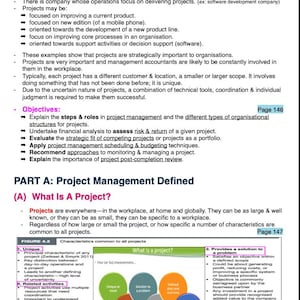 May include: A project management textbook page with the title "Project Management". The text covers project objectives, definitions, and characteristics. Includes diagrams and bullet points. Page numbers are visible.
