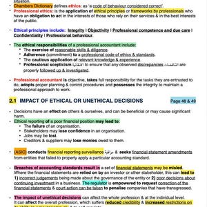 Op de afbeelding: Een pagina over professionele ethiek, met definities en verantwoordelijkheden. De tekst behandelt ethische principes, de rol van accountants en de gevolgen van onethische beslissingen. De tekst bevat gemarkeerde secties en paginanummers, met metingen in cm.
