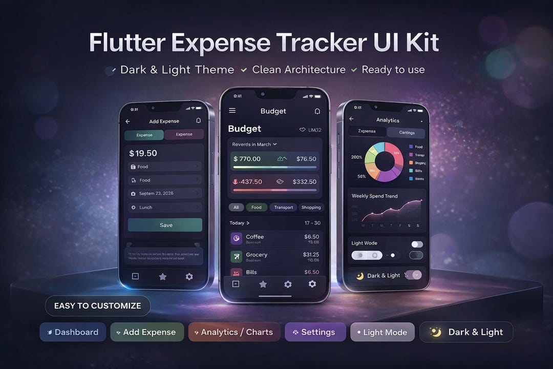 Expense Tracker Flutter UI Kit – Budget App Template, Dark Theme Charts ...
