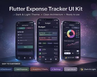 Expense Tracker Flutter UI Kit - Budget App Vorlage, Dark Theme Charts