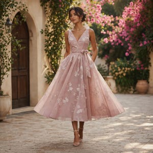 blush midi wedding dress Blush Pink Lace Wedding Dress: Off-The-Shoulder Midi