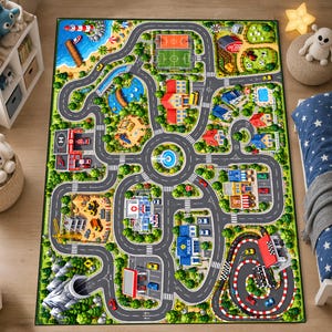 May include: A rectangular area rug featuring a colorful city map design with winding gray roads, a central roundabout, a race track, a hospital, a police station, a fire station, a school, a construction site, and a beach area.