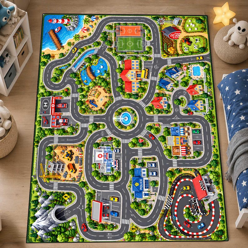 May include: A rectangular area rug featuring a colorful city map design with winding gray roads, a central roundabout, a race track, a hospital, a police station, a fire station, a school, a construction site, and a beach area.