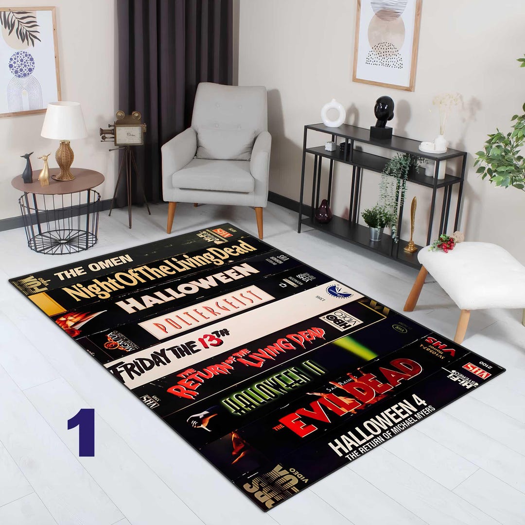 Horror Sticker Rug Retro VHS Horror Rug, Movie Rug, Cinema Room Decor, Nostalgic Halloween ...