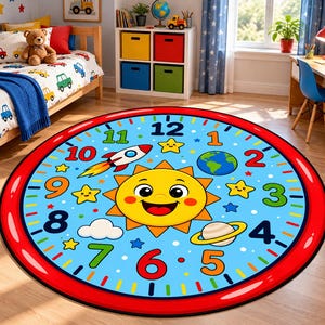Peut inclure: Un tapis rond présentant un motif de cadran d'horloge coloré sur un fond bleu clair. Le tapis possède une épaisse bordure rouge et affiche les chiffres de un à douze, un soleil jaune souriant, une fusée, la Terre et Saturne.