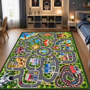 May include: A rectangular area rug featuring a colorful city map design with winding roads, a race track, a police station, a hospital, a construction site, green parks, and various buildings printed on a green border background.