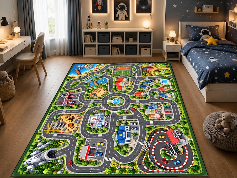 May include: A rectangular area rug featuring a colorful city map design with winding roads, a race track, a police station, a hospital, a construction site, green parks, and various buildings printed on a green border background.