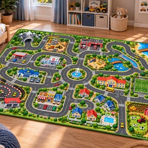 May include: A rectangular play rug featuring a colorful city map with roads, a police station, a school, a hospital, a fire station, a farm, a racetrack, and a coastal area with a lighthouse, all bordered by a green trim.