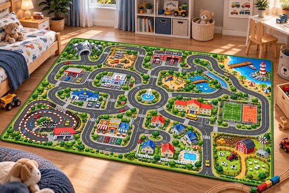 Kids Road Rug, Car Play Mat, City Map Playroom Carpet, Toy Car Race Track Rug, Educational Kids Bedroom Floor Decor